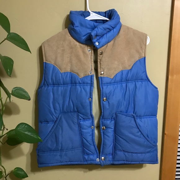 Vintage Blue Down Vest with Leather - Picture 1 of 8